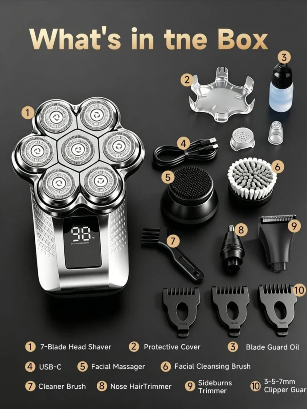 7D Floating Head Bald Shaver & 5-in-1 Grooming Kit, Waterproof, Travel-Ready